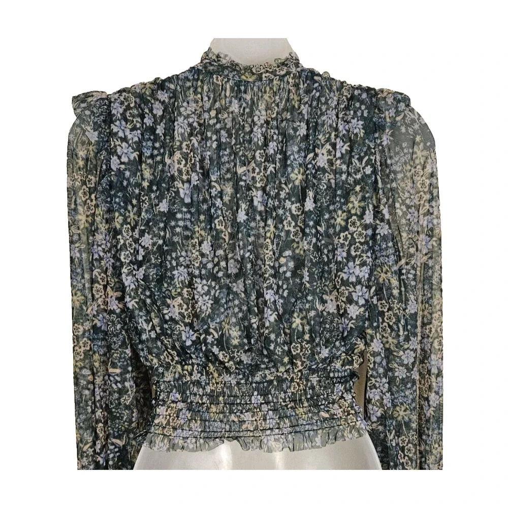 Free People Twyla Floral Sheer Blouse Women XS Ruffled Smocked Green Cottagecore